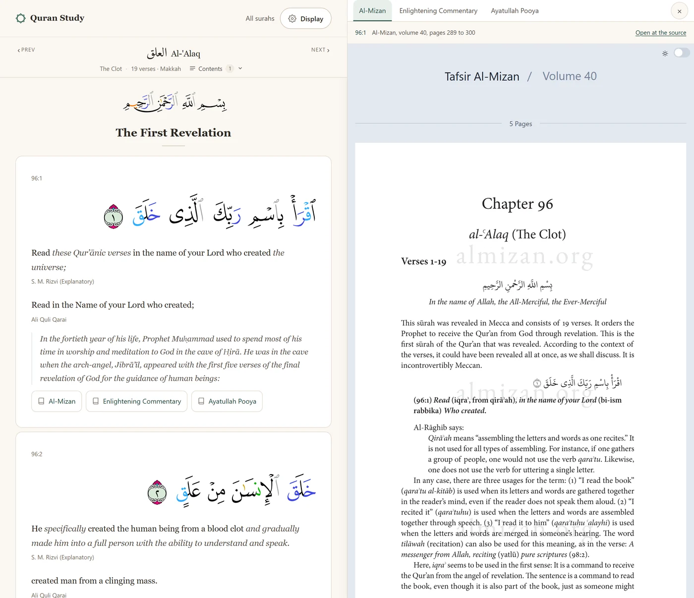 A desktop browser at quranstudy.app/quran/96, the window split down the middle.
                  Across the top of the left half: the Quran Study wordmark, an All surahs link and
                  a Display button, then a bar naming Sūrat al-ʿAlaq, The Clot, 19 verses,
                  Makkah, with a previous and a next arrow either side of it and a Topics
                  menu. Below that the bismillah, the heading The First Revelation, and verse 96:1
                  in the Uthmani mushaf with tajweed colouring, then the same verse in S. M.
                  Rizvi's explanatory translation and in Ali Quli Qarai's, a note on how the
                  revelation began, and three citation links: Al-Mizan, Enlightening Commentary and
                  Ayatullah Pooya. The right half is the commentary panel, with a tab for each of
                  those three and Al-Mizan selected, a line reading 96:1, Al-Mizan, volume 40, pages
                  289 to 300, a link to open at the source, and Al-Mizan's own reader open at
                  chapter 96.